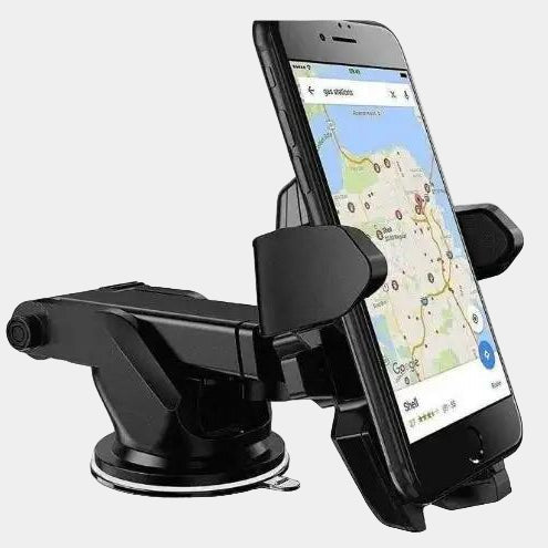 Phone holder with a smartphone displaying a map app on a white background